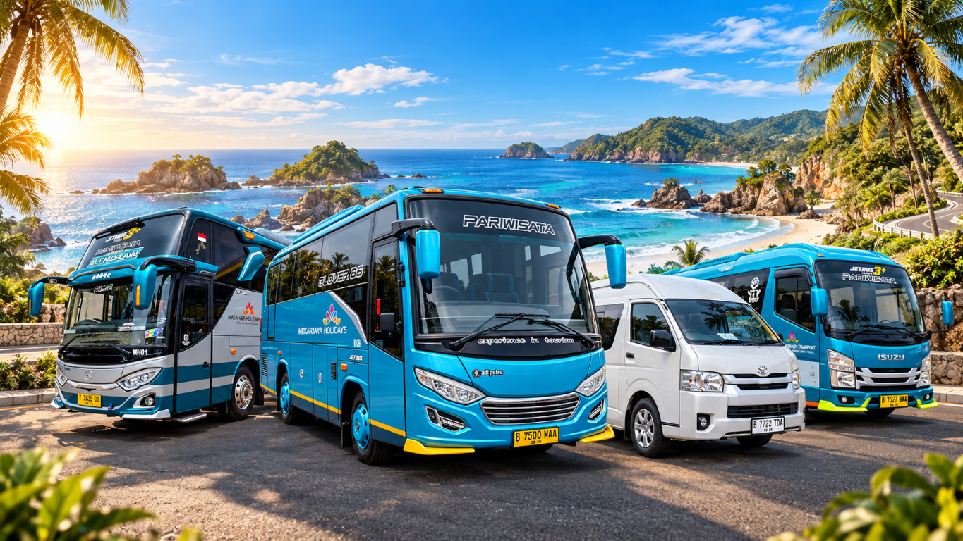Armada bus dan kendaraan travel di tepi pantai